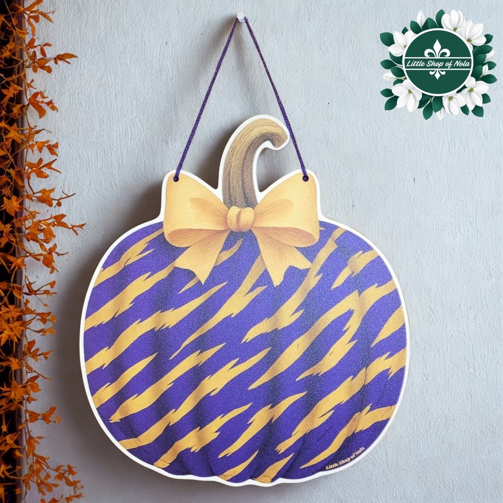 Purple Gold Tiger Stripes Bow Pumpkin Louisiana Wall Decor LSU Fall Door Hanger
